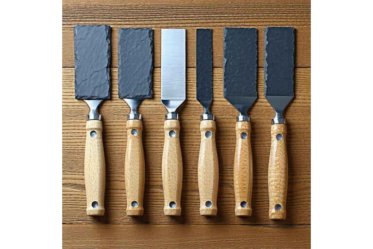 Slate hand-dressing tools laid out on workbench